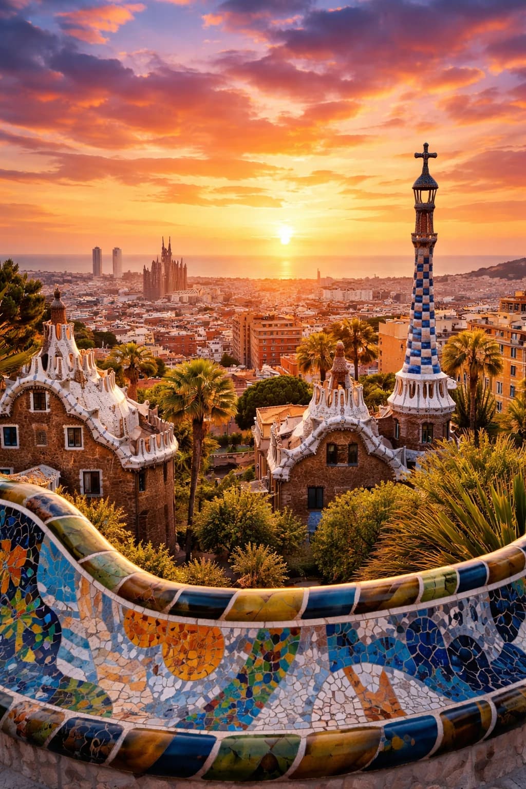 Barcelona skyline at sunset from Park Güell