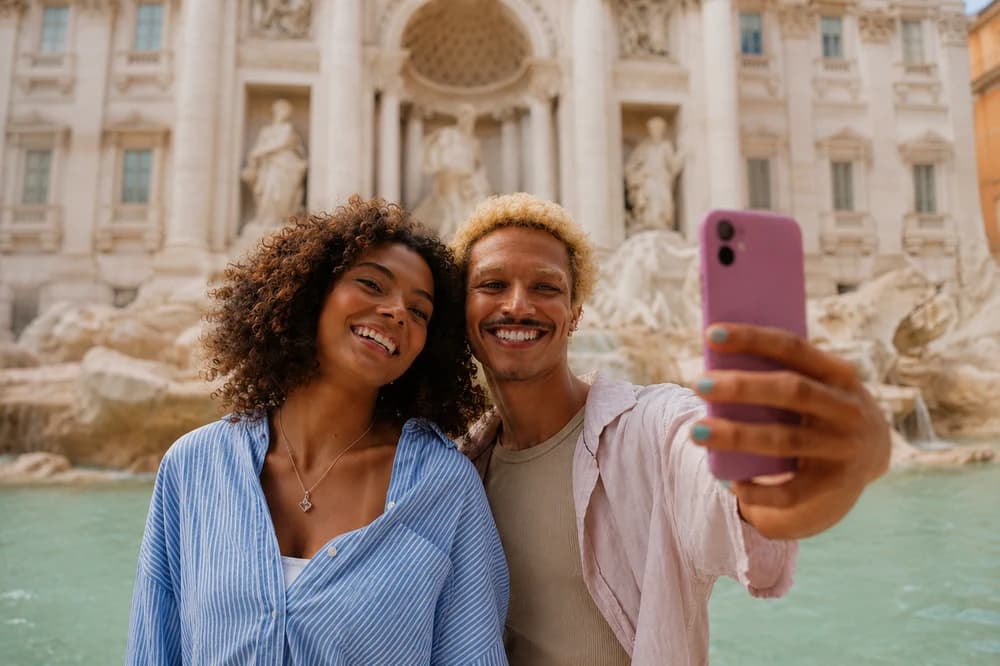 Travel creators taking a selfie by a fountain