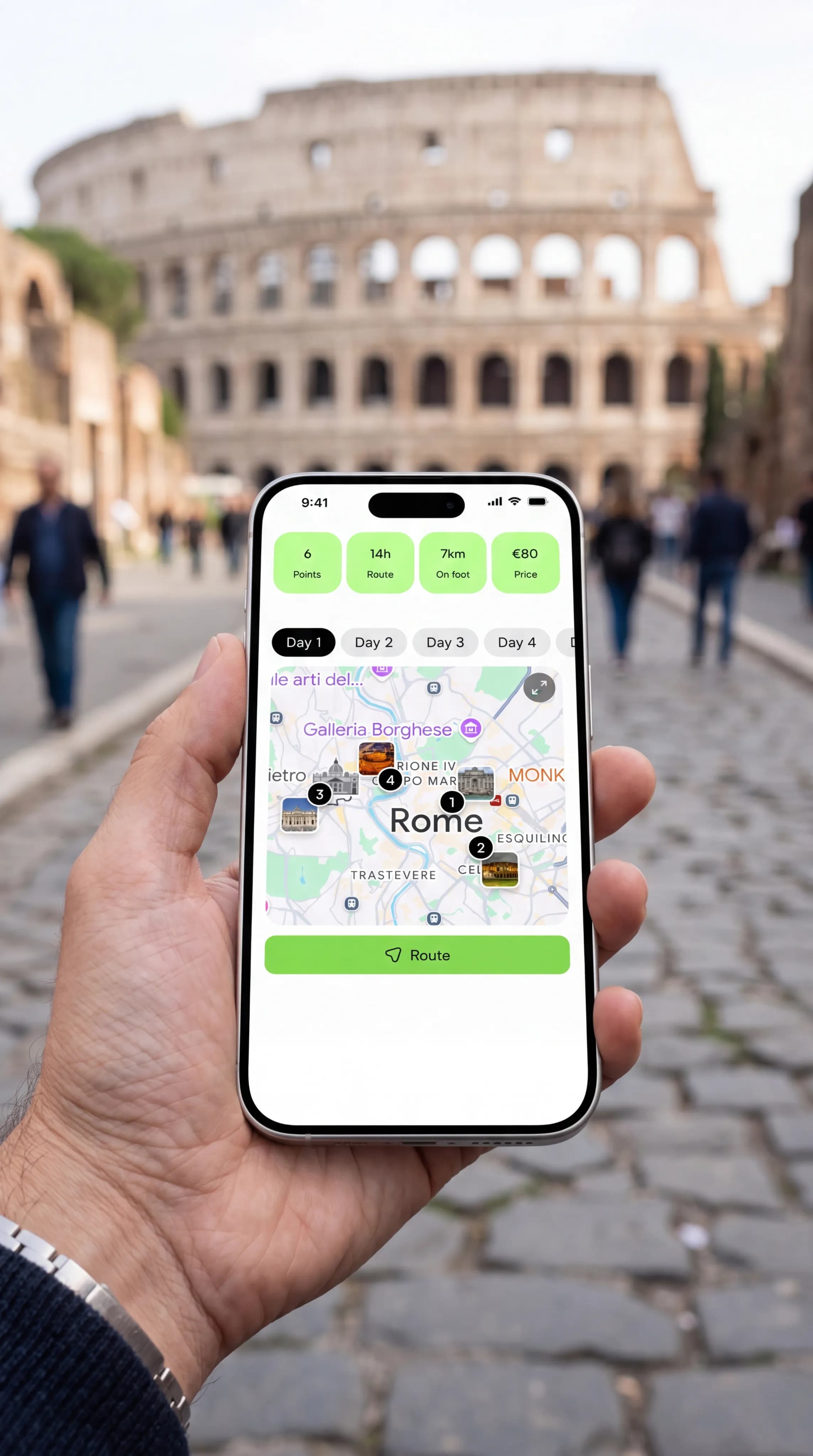 Hand holding a phone with an Octripus travel itinerary in front of the Colosseum in Rome