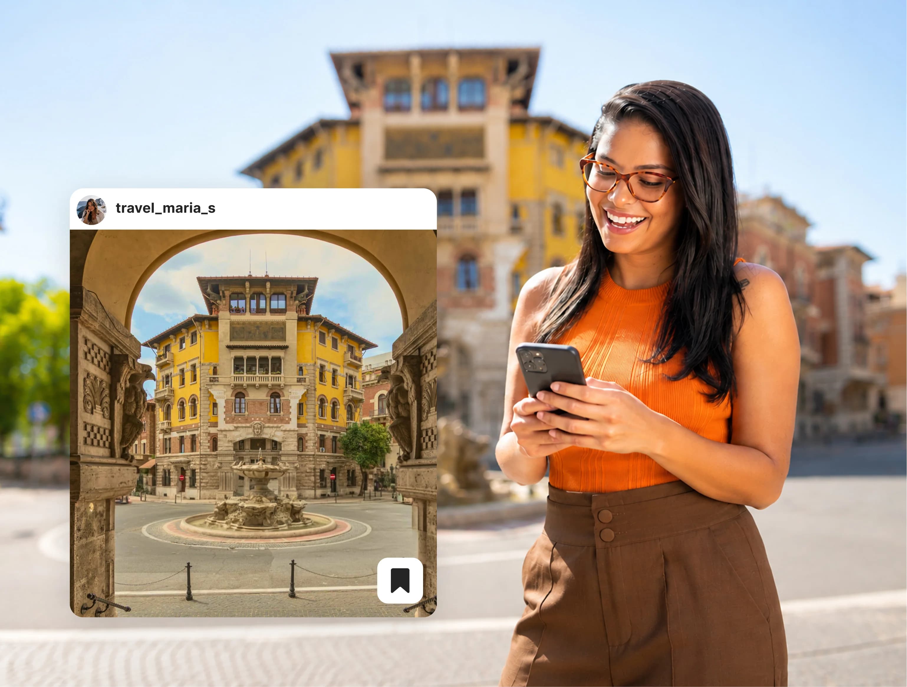 Travel creator reviewing content on her phone with a social post overlay