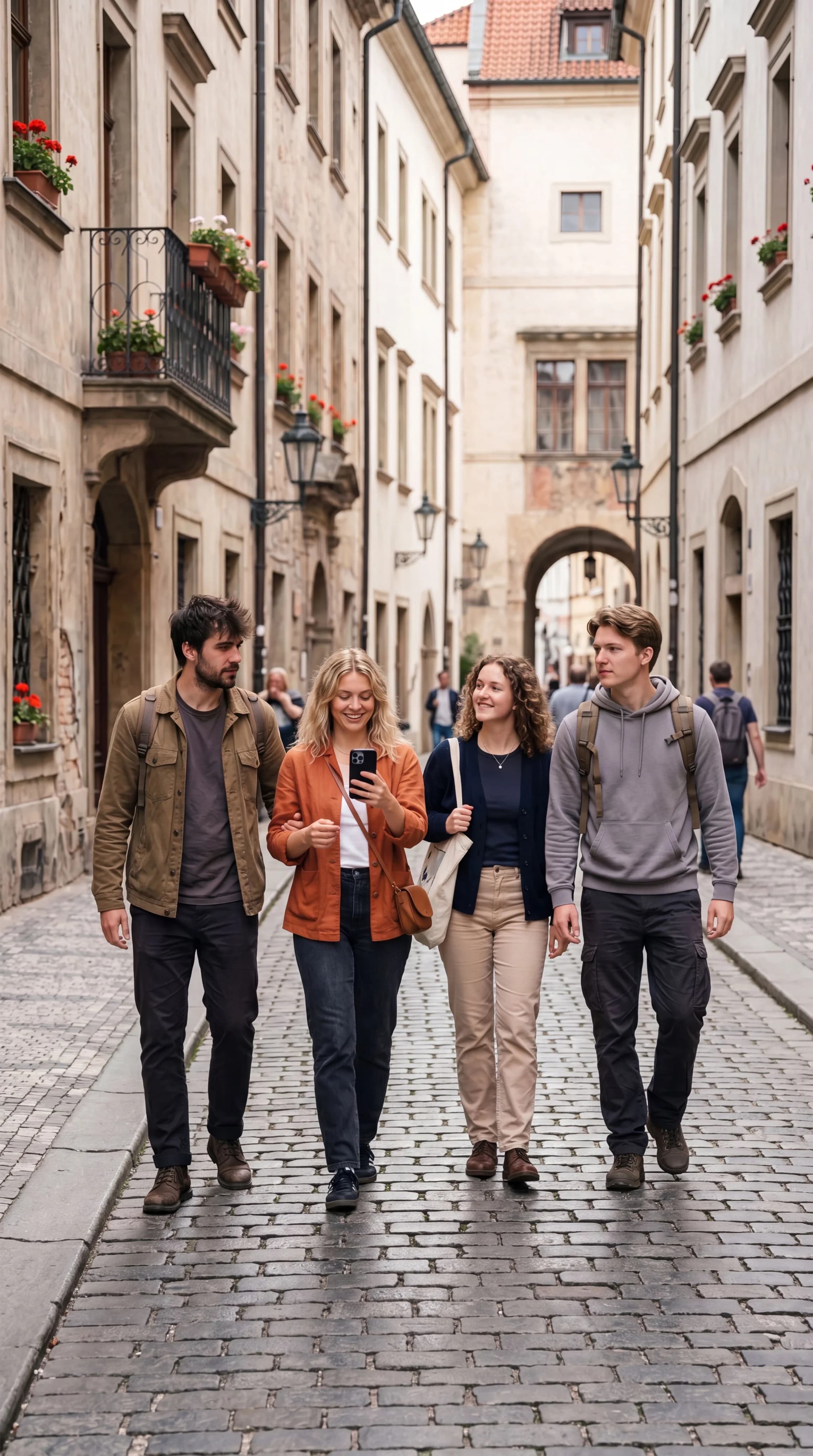 Visitors walking through a historic European city street