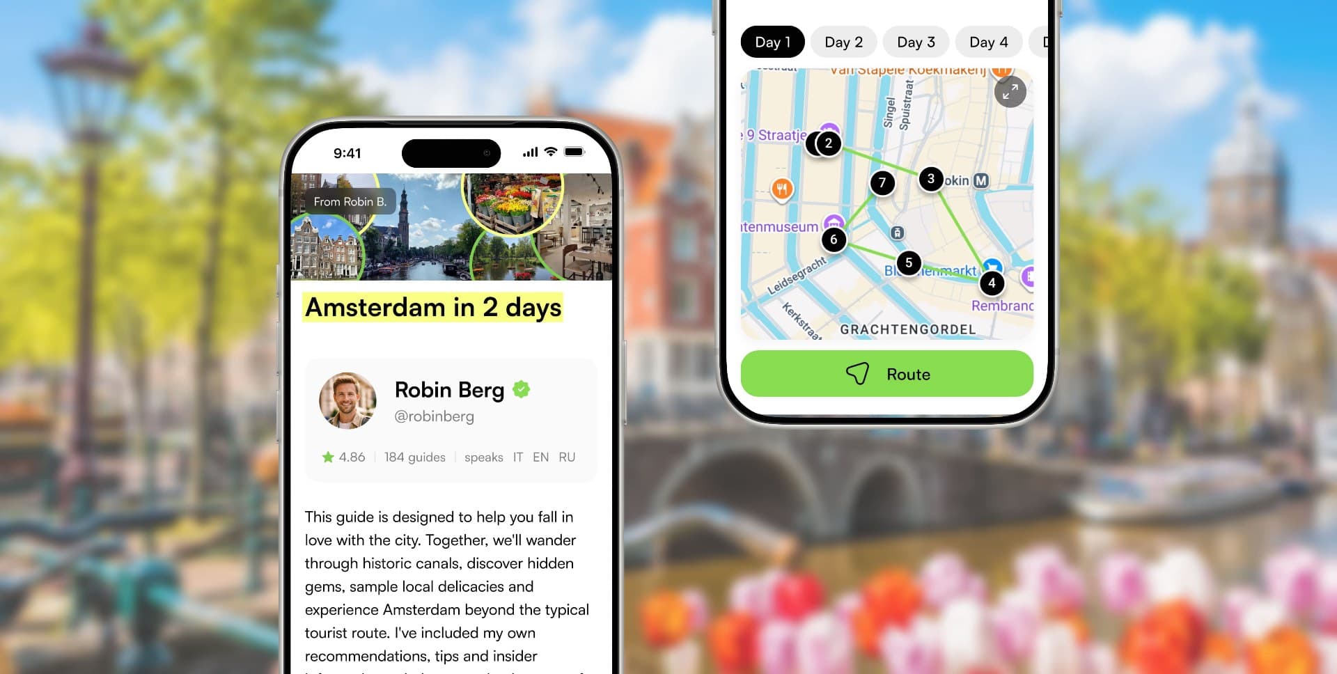 Interactive travel guide with itinerary and map for Amsterdam