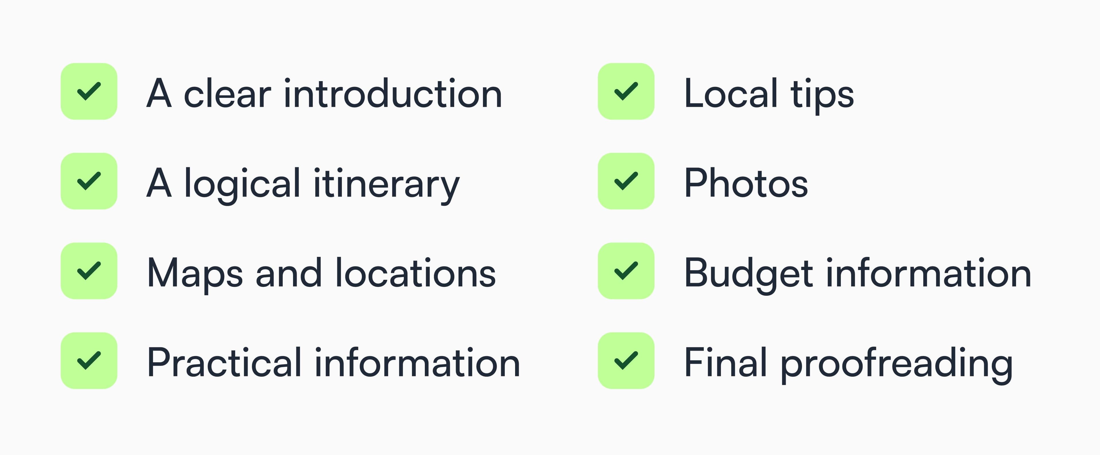 Travel guide checklist with essential content to include before publishing
