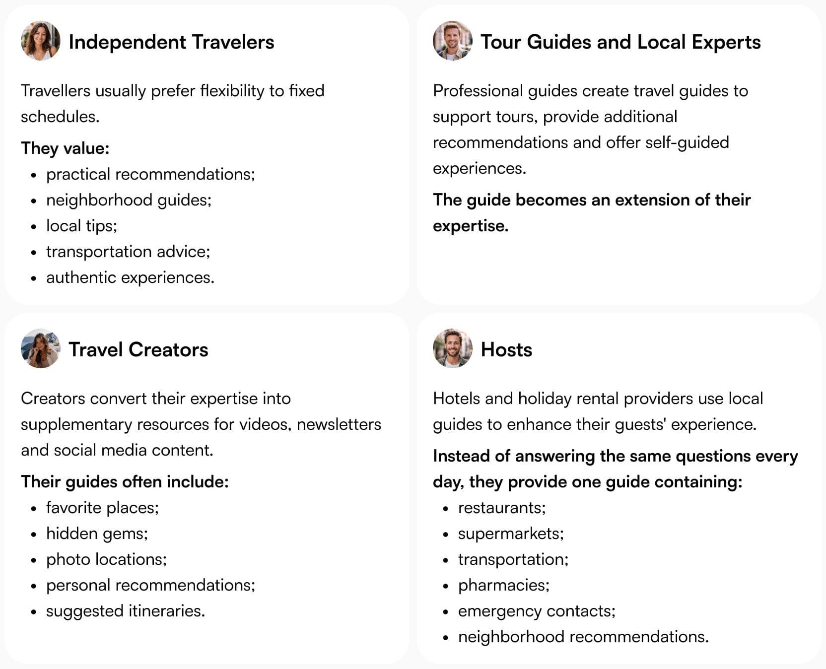 Illustration comparing travel guides created for different audiences, including first-time visitors, food lovers, families, and digital nomads.