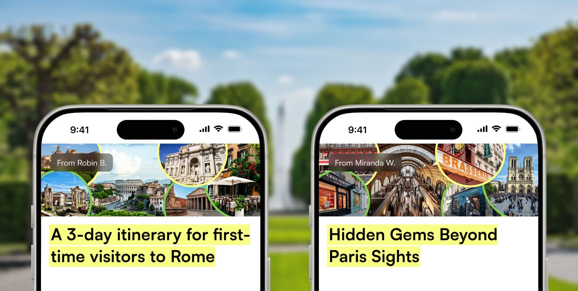 Examples of digital travel guide products for Rome and Paris