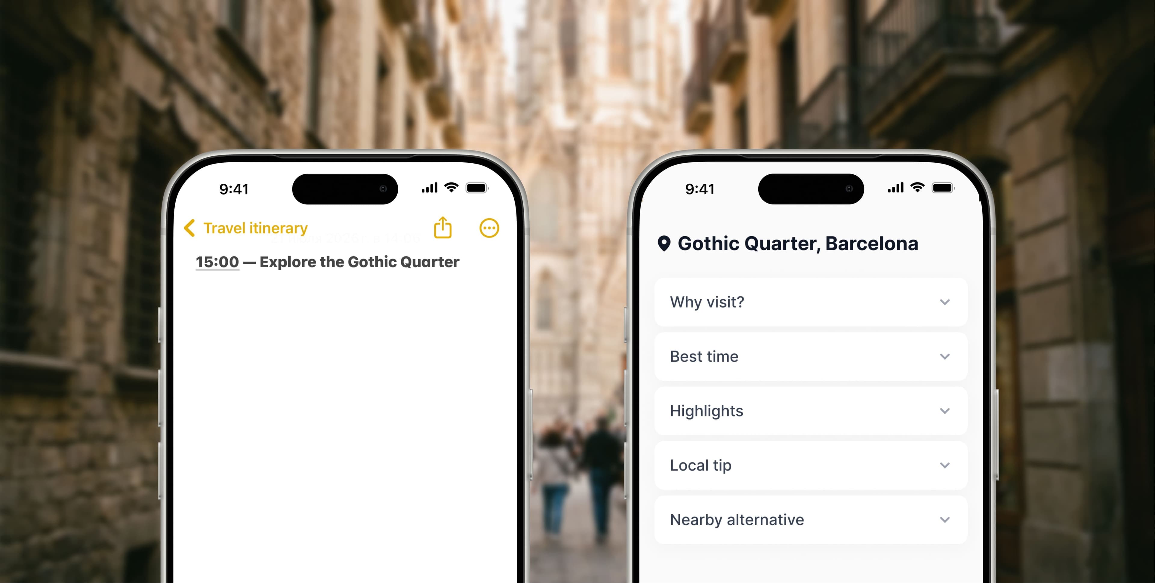 Side-by-side example of a travel itinerary and a digital travel guide for the same destination