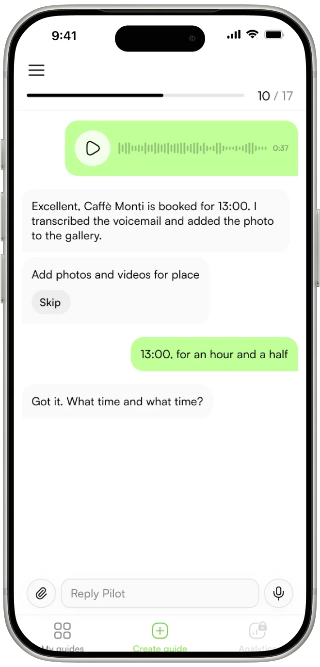 Octripus app on a phone: chat and trip progress