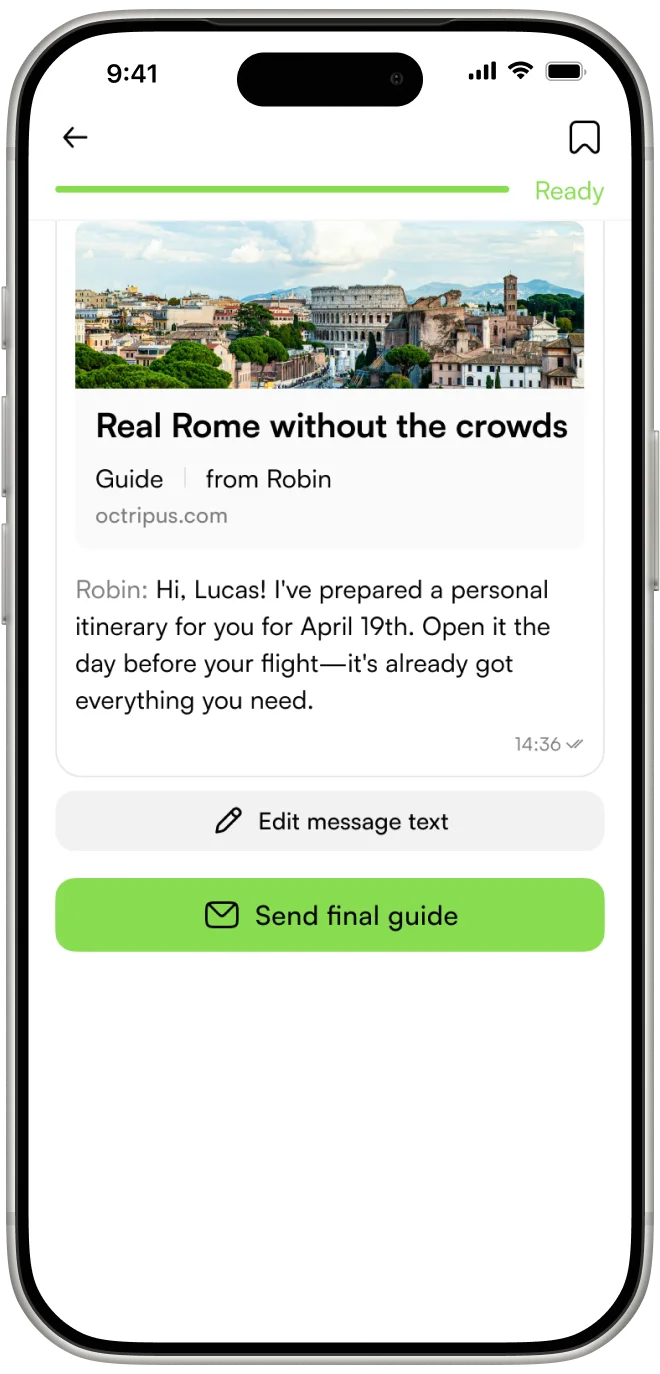 Octripus app on a phone: share itinerary message